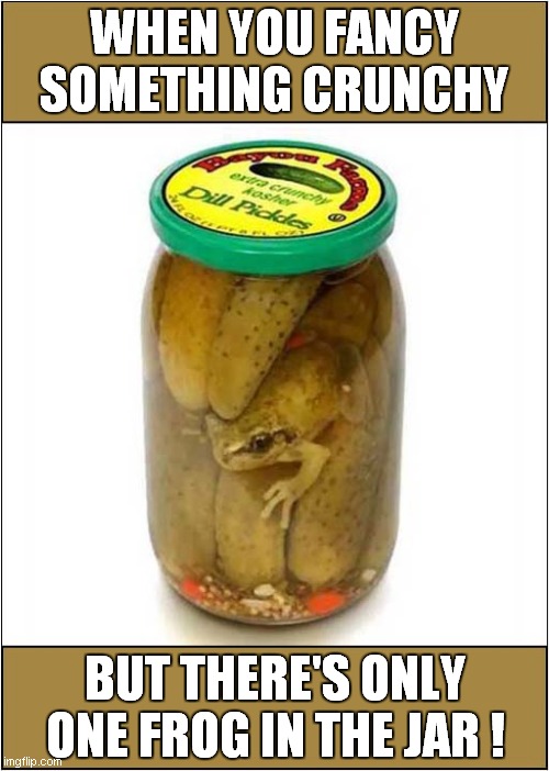 In A Pickle ! | WHEN YOU FANCY SOMETHING CRUNCHY; BUT THERE'S ONLY ONE FROG IN THE JAR ! | image tagged in in a pickle,frogs,disappointment | made w/ Imgflip meme maker