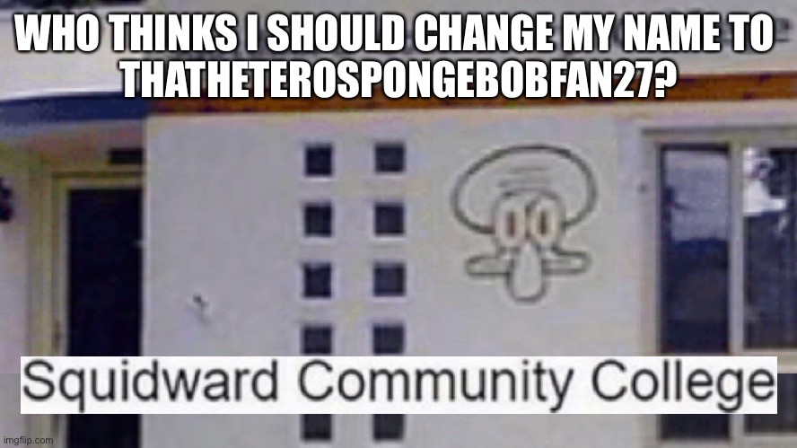 It defines me tbh | WHO THINKS I SHOULD CHANGE MY NAME TO 
THATHETEROSPONGEBOBFAN27? | image tagged in squidward community college | made w/ Imgflip meme maker