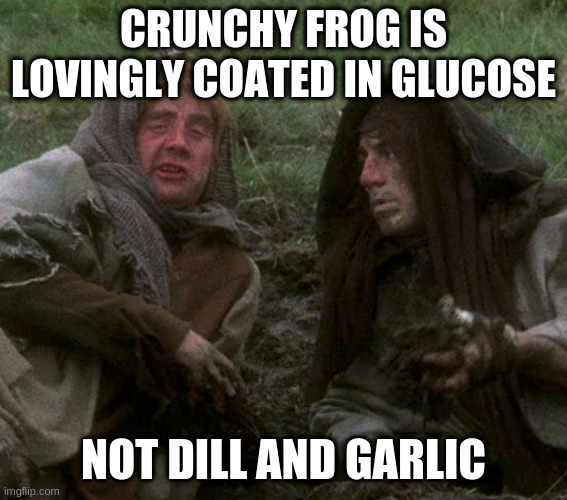 Monty Python purist after seeing pickled crunchy frog | CRUNCHY FROG IS LOVINGLY COATED IN GLUCOSE NOT DILL AND GARLIC | image tagged in gen x not old | made w/ Imgflip meme maker