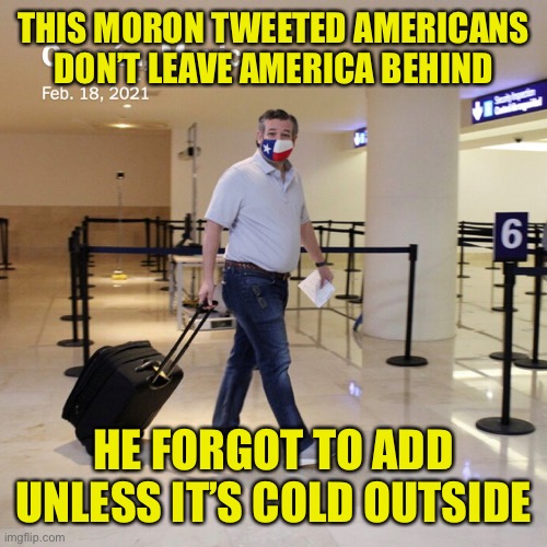 We should gift Texas back to Mexico, but they would probably just regift it to Canada or something | THIS MORON TWEETED AMERICANS DON’T LEAVE AMERICA BEHIND; HE FORGOT TO ADD UNLESS IT’S COLD OUTSIDE | image tagged in ted cruz cancun | made w/ Imgflip meme maker