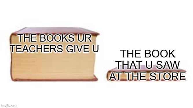 idk | THE BOOKS UR TEACHERS GIVE U; THE BOOK THAT U SAW AT THE STORE | image tagged in big book small book | made w/ Imgflip meme maker