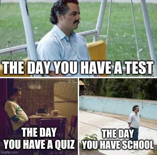 Sad Pablo Escobar | THE DAY YOU HAVE A TEST; THE DAY YOU HAVE A QUIZ; THE DAY YOU HAVE SCHOOL | image tagged in memes,sad pablo escobar | made w/ Imgflip meme maker