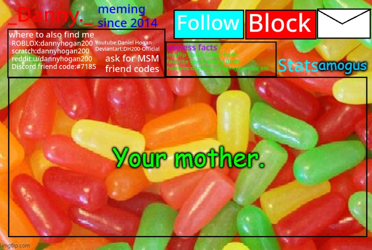 Your mother. | amogus; Your mother. | image tagged in _danny _ mike and ike announcementz | made w/ Imgflip meme maker