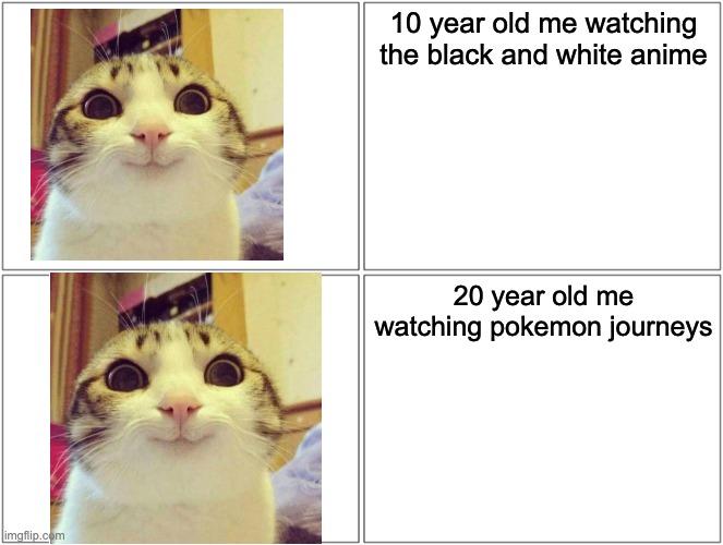 smiling cat | 10 year old me watching the black and white anime; 20 year old me watching pokemon journeys | image tagged in memes,blank comic panel 2x2 | made w/ Imgflip meme maker