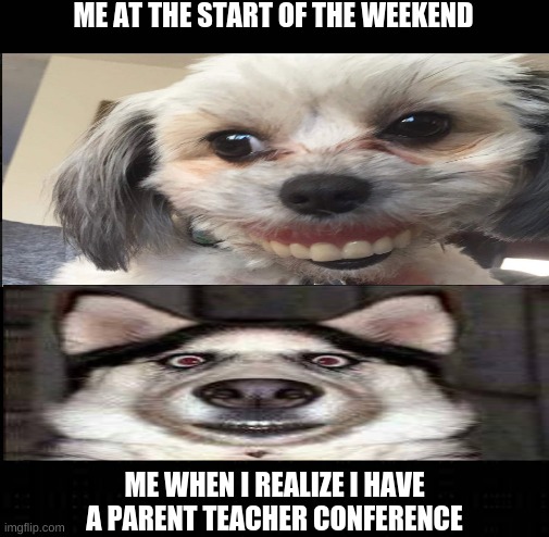 weekends | ME AT THE START OF THE WEEKEND; ME WHEN I REALIZE I HAVE A PARENT TEACHER CONFERENCE | image tagged in black screen | made w/ Imgflip meme maker