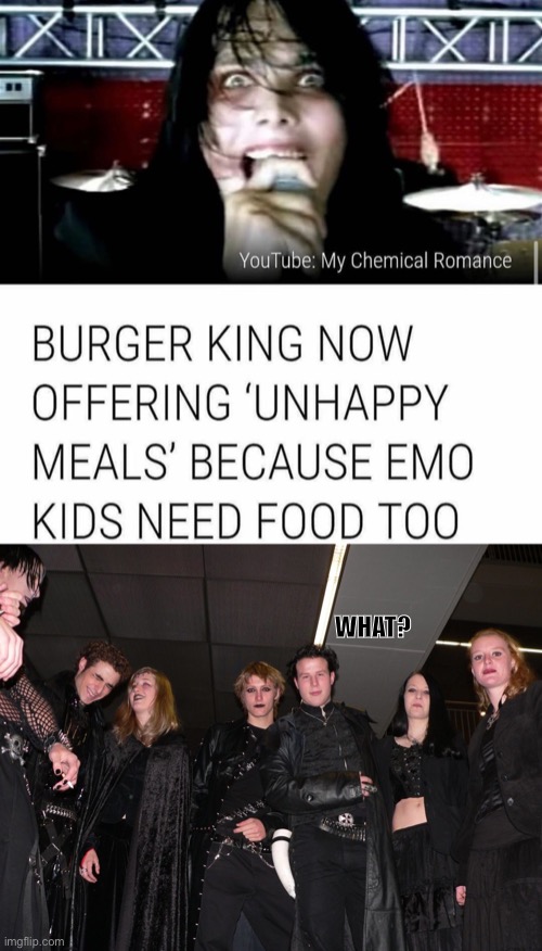 Hold up | WHAT? | image tagged in goth people,funny,funny memes,memes,goth,burger king | made w/ Imgflip meme maker