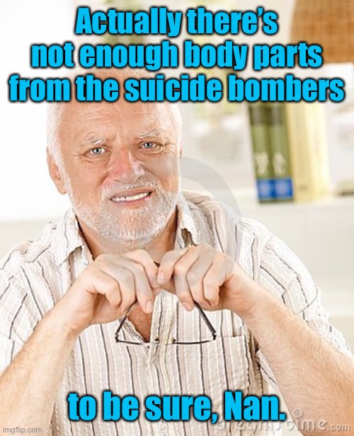 harold unsure | Actually there’s not enough body parts from the suicide bombers to be sure, Nan. | image tagged in harold unsure | made w/ Imgflip meme maker