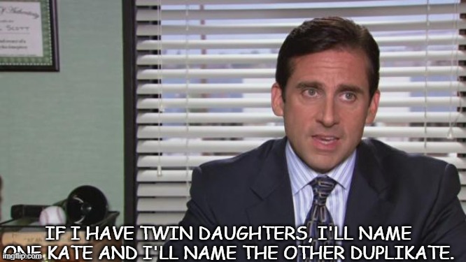 Daily Bad Dad Joke 09/01/2021 | IF I HAVE TWIN DAUGHTERS, I'LL NAME ONE KATE AND I'LL NAME THE OTHER DUPLIKATE. | image tagged in michael scott | made w/ Imgflip meme maker