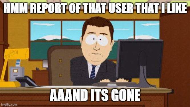 Aaaaand Its Gone | HMM REPORT OF THAT USER THAT I LIKE; AAAND ITS GONE | image tagged in memes,aaaaand its gone | made w/ Imgflip meme maker