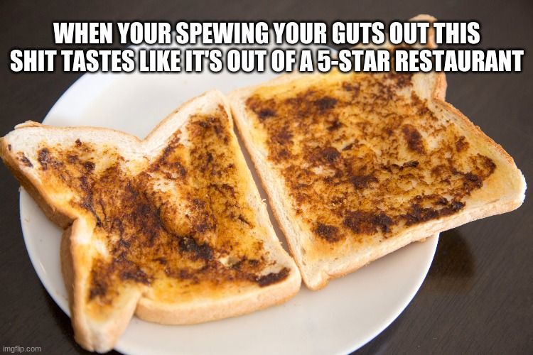 funny |  WHEN YOUR SPEWING YOUR GUTS OUT THIS SHIT TASTES LIKE IT'S OUT OF A 5-STAR RESTAURANT | image tagged in memes | made w/ Imgflip meme maker