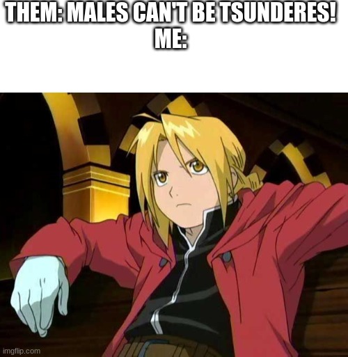 THEM: MALES CAN'T BE TSUNDERES!
ME: | image tagged in blank white template | made w/ Imgflip meme maker