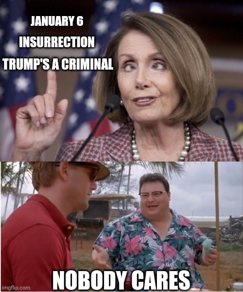 JANUARY 6 INSURRECTION TRUMP'S A CRIMINAL NOBODY CARES | image tagged in nancy pelosi,memes,see nobody cares | made w/ Imgflip meme maker