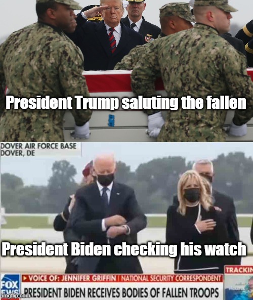 President Trump saluting the fallen; President Biden checking his watch | made w/ Imgflip meme maker