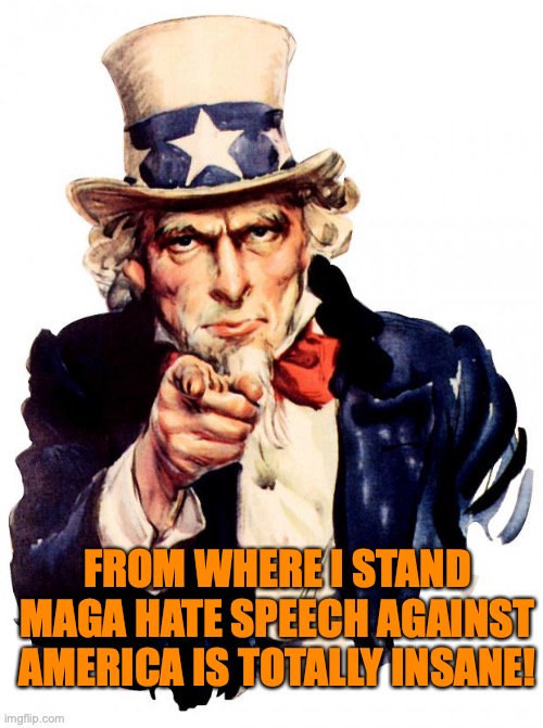 Uncle Sam Meme | FROM WHERE I STAND MAGA HATE SPEECH AGAINST AMERICA IS TOTALLY INSANE! | image tagged in memes,uncle sam | made w/ Imgflip meme maker