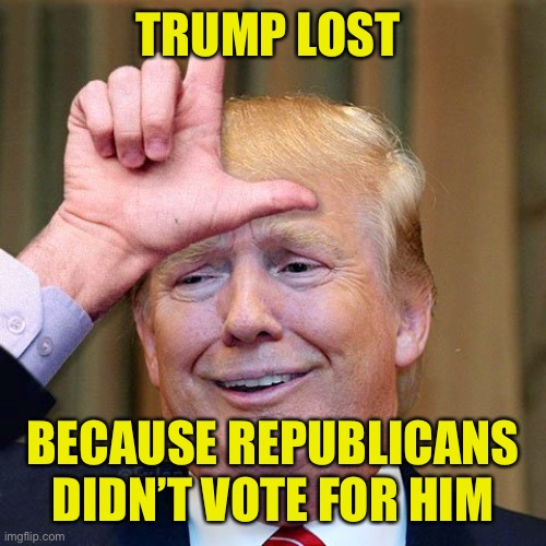 Sure, wide spread fraud….or just many republicans were sick of him too | TRUMP LOST; BECAUSE REPUBLICANS DIDN’T VOTE FOR HIM | image tagged in trump loser | made w/ Imgflip meme maker