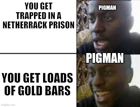 pigmen be like: | YOU GET TRAPPED IN A NETHERRACK PRISON; PIGMAN; PIGMAN; YOU GET LOADS OF GOLD BARS | image tagged in oh no oh yeah,lol,haha,minecraft | made w/ Imgflip meme maker