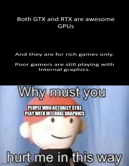 What do you use? GTX, RTX or internal graphics? | PEOPLE WHO ACTUALLY STILL PLAY WITH INTERNAL GRAPHICS | image tagged in why must you hurt me in this way | made w/ Imgflip meme maker