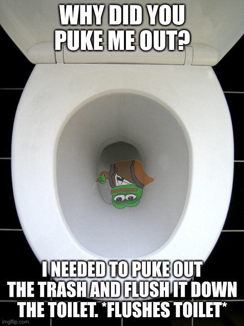 TOILET | WHY DID YOU PUKE ME OUT? I NEEDED TO PUKE OUT THE TRASH AND FLUSH IT DOWN THE TOILET. *FLUSHES TOILET* | image tagged in toilet | made w/ Imgflip meme maker