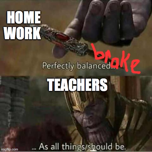 Thanos balanced things | HOME WORK; TEACHERS | image tagged in thanos balanced things | made w/ Imgflip meme maker