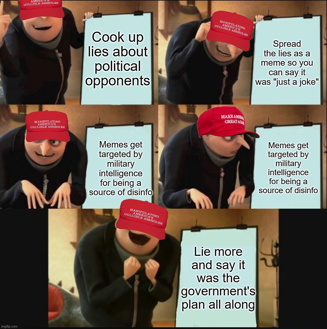5 panel gru meme | Cook up lies about political opponents; Spread the lies as a meme so you can say it was "just a joke"; Memes get targeted by military intelligence for being a source of disinfo; Memes get targeted by military intelligence for being a source of disinfo; Lie more and say it was the government's plan all along | image tagged in 5 panel gru meme | made w/ Imgflip meme maker