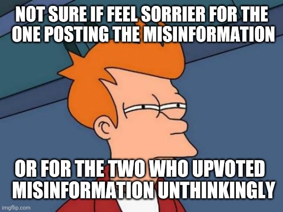 Futurama Fry Meme | NOT SURE IF FEEL SORRIER FOR THE
 ONE POSTING THE MISINFORMATION OR FOR THE TWO WHO UPVOTED 
 MISINFORMATION UNTHINKINGLY | image tagged in memes,futurama fry | made w/ Imgflip meme maker