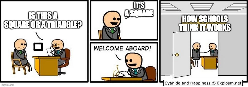 Job Interview | IT'S A SQUARE; IS THIS A SQUARE OR A TRIANGLE? HOW SCHOOLS THINK IT WORKS | image tagged in job interview | made w/ Imgflip meme maker