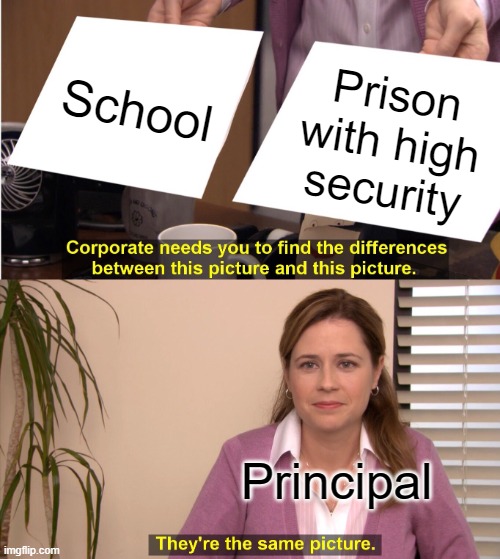 School be like | School; Prison with high security; Principal | image tagged in memes,they're the same picture | made w/ Imgflip meme maker