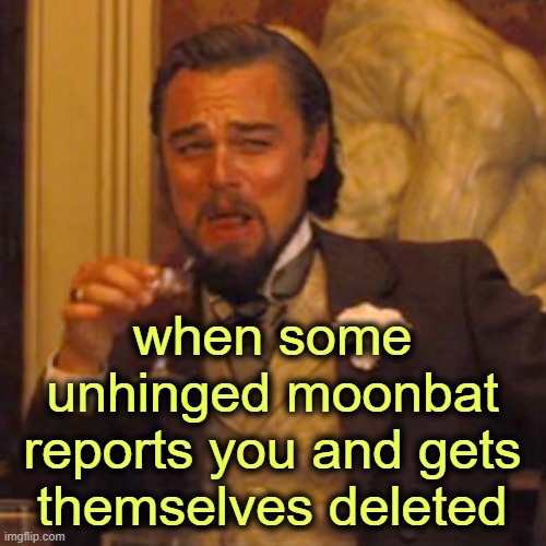 Laughing Leo Meme | when some unhinged moonbat reports you and gets themselves deleted | image tagged in memes,laughing leo | made w/ Imgflip meme maker