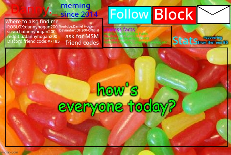 _Danny._ mike and ike announcementz | recovering from that one BS; how's everyone today? | image tagged in _danny _ mike and ike announcementz | made w/ Imgflip meme maker