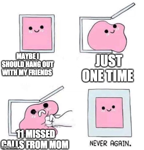 It sucks | MAYBE I SHOULD HANG OUT WITH MY FRIENDS; JUST ONE TIME; 11 MISSED CALLS FROM MOM | image tagged in never again,lol,funny memes,true,relatable | made w/ Imgflip meme maker