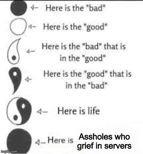 Good Bad Template | Assholes who grief in servers | image tagged in good bad template | made w/ Imgflip meme maker