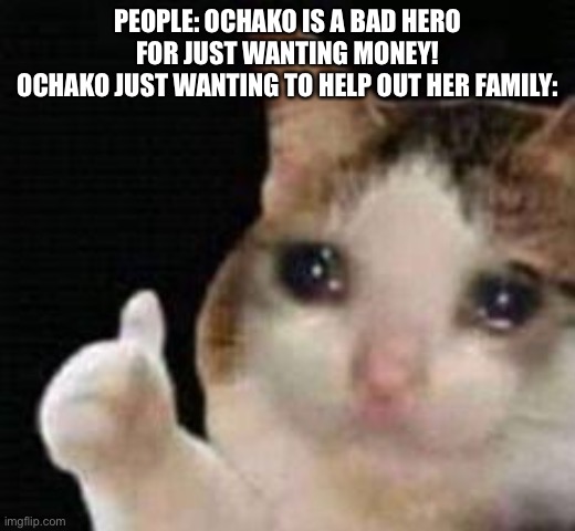 i can’t spell her last name lol | PEOPLE: OCHAKO IS A BAD HERO FOR JUST WANTING MONEY!
OCHAKO JUST WANTING TO HELP OUT HER FAMILY: | image tagged in approved crying cat,i have an aneurysm trying to spell her last name | made w/ Imgflip meme maker