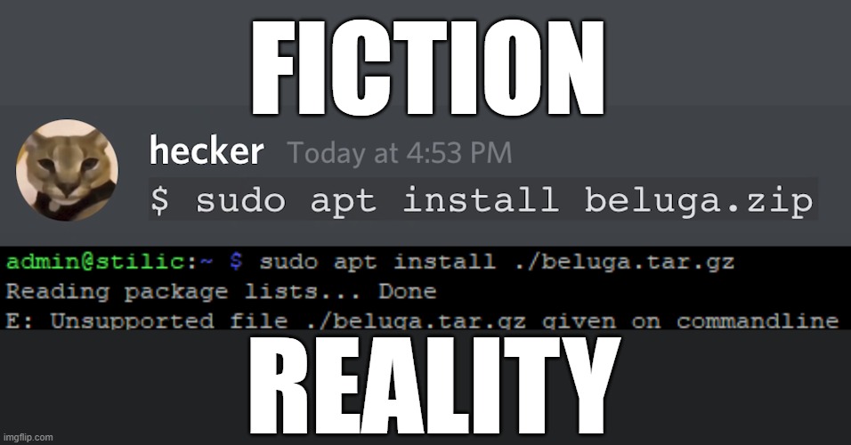 APT with file: fiction vs reality | FICTION; REALITY | image tagged in apt,vs,linux,beluga,hecker,hackers | made w/ Imgflip meme maker
