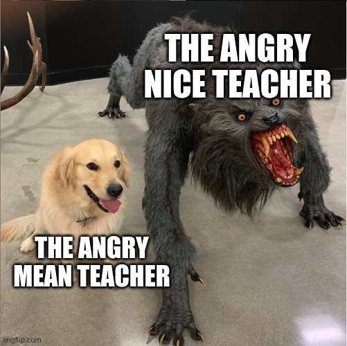 real life experience | THE ANGRY NICE TEACHER; THE ANGRY MEAN TEACHER | image tagged in dog vs werewolf | made w/ Imgflip meme maker