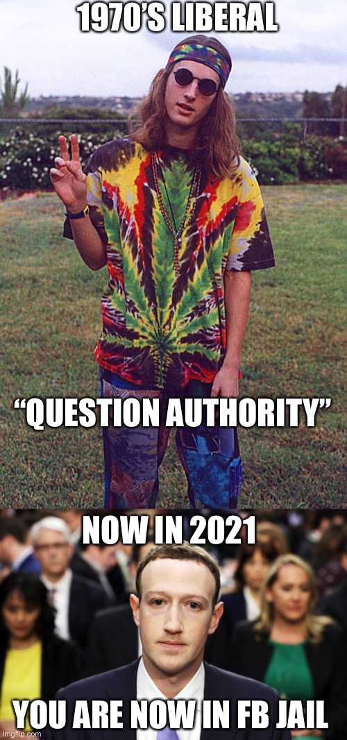 Questioning authority was a virtue. It still should be. | 1970’S LIBERAL; “QUESTION AUTHORITY”; NOW IN 2021; YOU ARE NOW IN FB JAIL | image tagged in hippie,mark zuckerberg,question authority | made w/ Imgflip meme maker