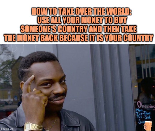 How To Take Over The World | HOW TO TAKE OVER THE WORLD:      USE ALL YOUR MONEY TO BUY SOMEONE'S COUNTRY AND THEN TAKE THE MONEY BACK BECAUSE IT IS YOUR COUNTRY | image tagged in memes,roll safe think about it,choccy milk,uwu,amogus,abcdefghijklmnopqrstuvwxyz | made w/ Imgflip meme maker