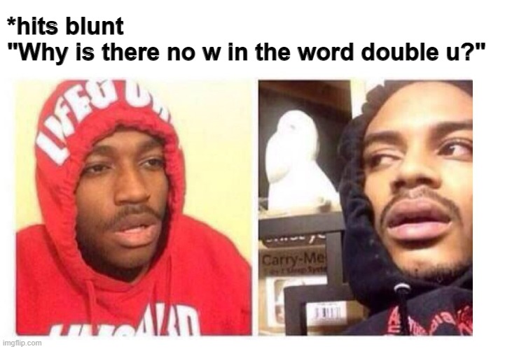 W | *hits blunt
"Why is there no w in the word double u?" | image tagged in hits blunt,w,why is there no,meme,funny,barney will eat all of your delectable biscuits | made w/ Imgflip meme maker