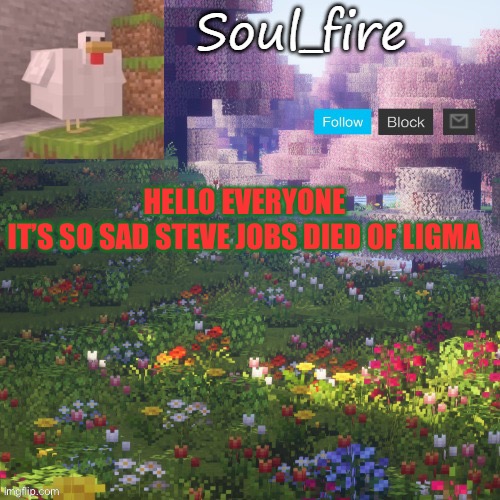 Soul_fires minecraft temp ty yachi | HELLO EVERYONE





IT’S SO SAD STEVE JOBS DIED OF LIGMA | image tagged in soul_fires minecraft temp ty yachi | made w/ Imgflip meme maker