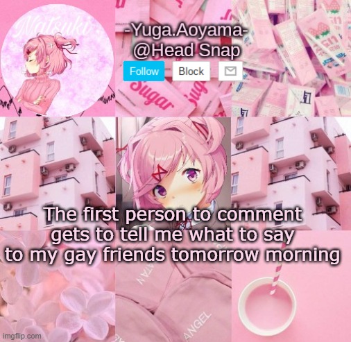 Natsuki temp | The first person to comment gets to tell me what to say to my gay friends tomorrow morning | image tagged in natsuki temp | made w/ Imgflip meme maker