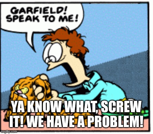 Garfield speak to me! | YA KNOW WHAT, SCREW IT! WE HAVE A PROBLEM! | image tagged in garfield speak to me | made w/ Imgflip meme maker