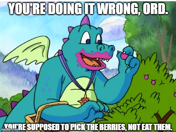 You're doing it wrong, Ord | YOU'RE DOING IT WRONG, ORD. YOU'RE SUPPOSED TO PICK THE BERRIES, NOT EAT THEM. | image tagged in you're doing it wrong,dragon tales,berry,berries | made w/ Imgflip meme maker