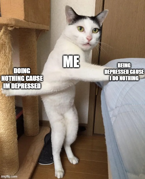 true 100% | ME; BEING DEPRESSED CAUSE I DO NOTHING; DOING NOTHING CAUSE IM DEPRESSED | image tagged in cat twisted can't decide cannot | made w/ Imgflip meme maker