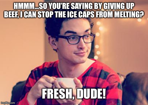 “Your just hurt in’ yoself.”-Lotso Hugging Bear | HMMM…SO YOU’RE SAYING BY GIVING UP BEEF, I CAN STOP THE ICE CAPS FROM MELTING? FRESH, DUDE! | image tagged in millennial,first world problems,never go full retard,millennials,vegan,politics lol | made w/ Imgflip meme maker