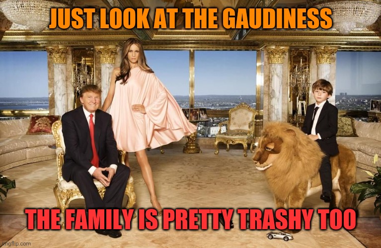 Donald is concerned about you | JUST LOOK AT THE GAUDINESS; THE FAMILY IS PRETTY TRASHY TOO | image tagged in trump gold room | made w/ Imgflip meme maker