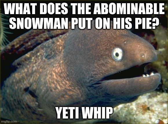Points for unoriginality. |  WHAT DOES THE ABOMINABLE SNOWMAN PUT ON HIS PIE? YETI WHIP | image tagged in memes,bad joke eel,abominable snowman,whipped cream,reddi wip,pie | made w/ Imgflip meme maker