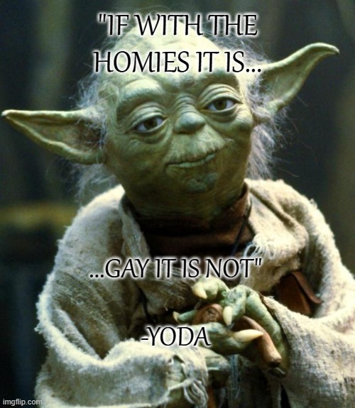 Facts | "IF WITH THE HOMIES IT IS... ...GAY IT IS NOT"
 
-YODA | image tagged in memes,star wars yoda | made w/ Imgflip meme maker