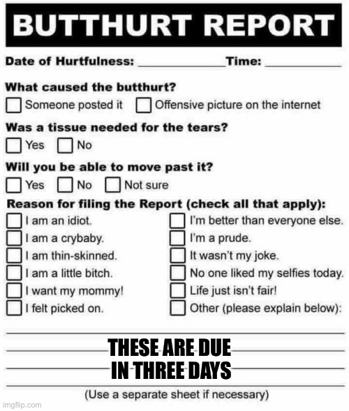 THESE ARE DUE 
IN THREE DAYS | made w/ Imgflip meme maker