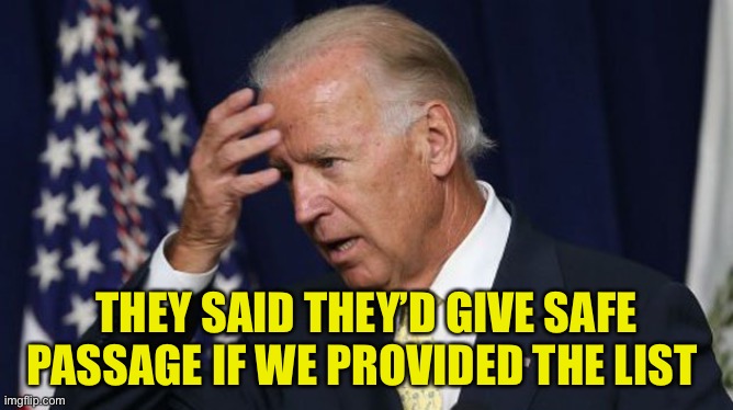 Joe Biden worries | THEY SAID THEY’D GIVE SAFE PASSAGE IF WE PROVIDED THE LIST | image tagged in joe biden worries | made w/ Imgflip meme maker