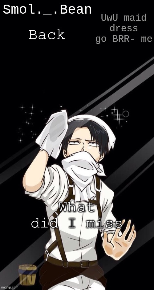 Back; What did I miss | image tagged in beans levi temp | made w/ Imgflip meme maker