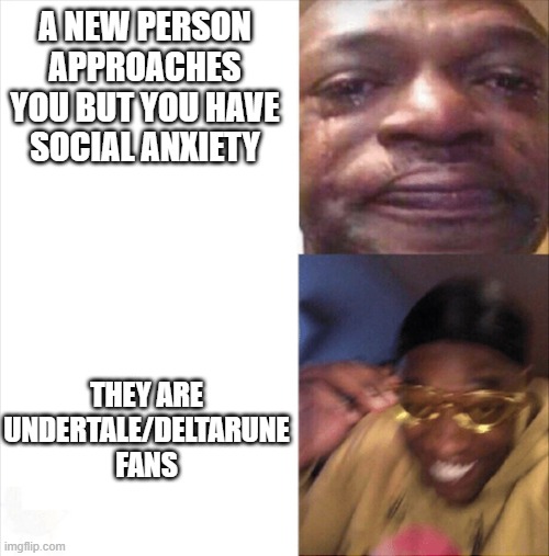 Yes, a person of culture | A NEW PERSON APPROACHES YOU BUT YOU HAVE SOCIAL ANXIETY; THEY ARE UNDERTALE/DELTARUNE FANS | image tagged in sad happy | made w/ Imgflip meme maker